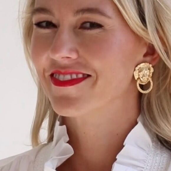 Gold Lion Head Earrings - Picture 3 of 3